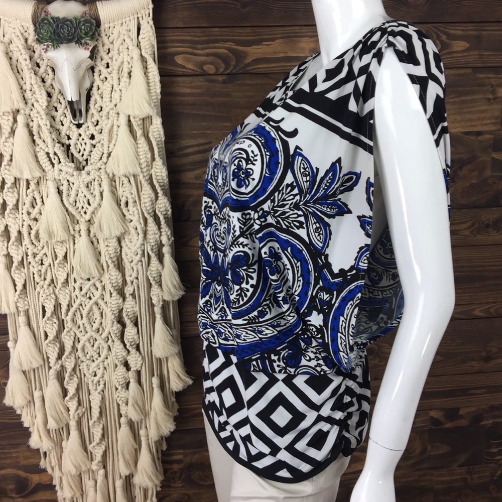Alfani | Patterned Ruched Drop Waist Open Drape Blouse - Picture 8 of 9
